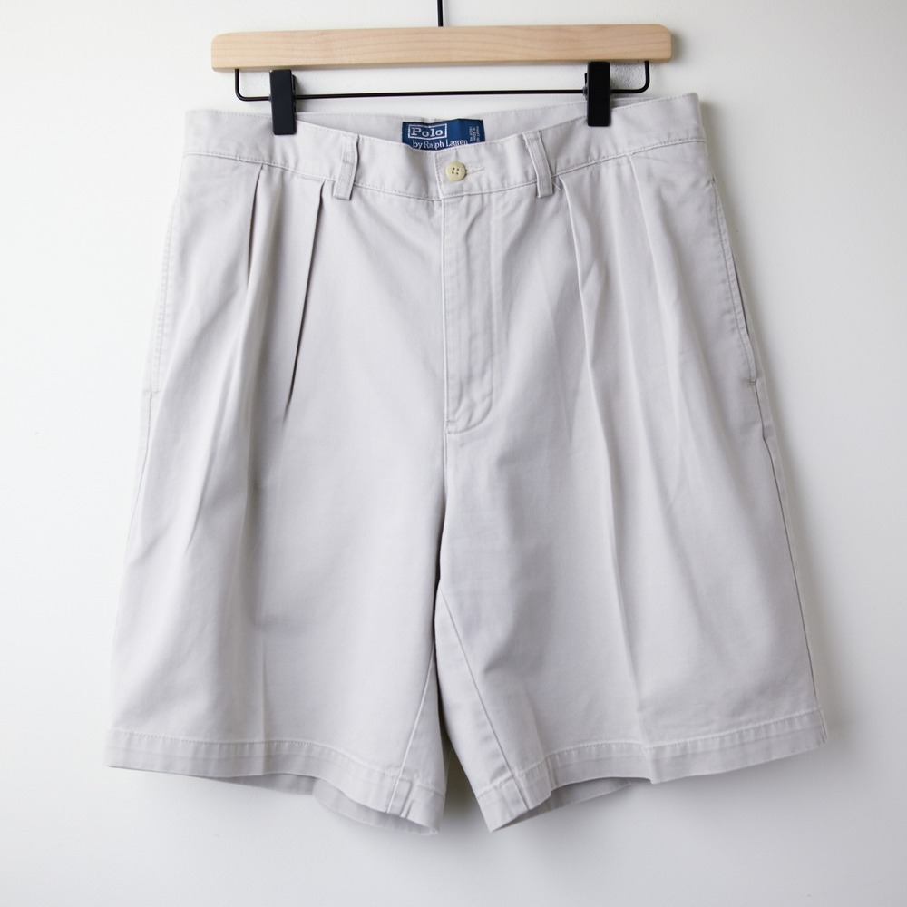 Vintage Polo Ralph Lauren Tyler Short Mens 32 Khaki Pleated Chino Preppy Classic
